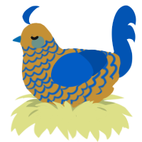A gold and ultramarine chicken with a lace pattern