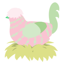 A rose and gluppy chicken with a bar pattern