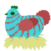A aqua and red chicken with a bar pattern