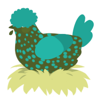 A olive and turquoise chicken with a speckle pattern