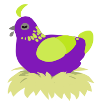 EGGPLANT, a violet and lime chicken with a neck-speckle pattern