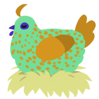 A spring and ochre chicken with a speckle pattern