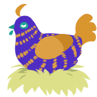 A indigo and orange chicken with a bar pattern