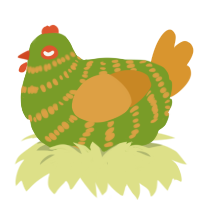 A chartreuse and orange chicken with a bar pattern