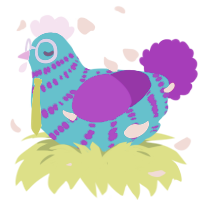 A sky and violet chicken with a bar pattern