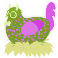 Charchid, a chartreuse and orchid chicken with a speckle pattern