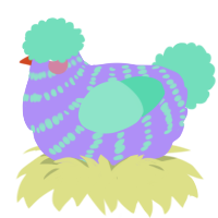 A lilac and mint chicken with a bar pattern