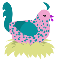 A pink and teal chicken with a speckle pattern
