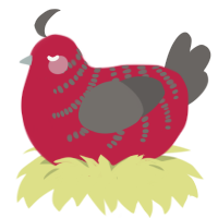 A crimson and grey chicken with a half-bar pattern