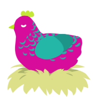 A fuchsia and turquoise chicken with a half-lace pattern