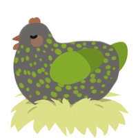 A grey and chartreuse chicken with a speckle pattern