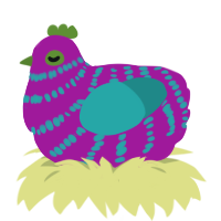 A fuchsia and turquoise chicken with a bar pattern
