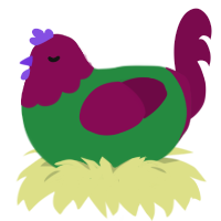 A viridian and wine chicken with a head pattern