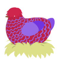 A crimson and blurple chicken with a lace pattern