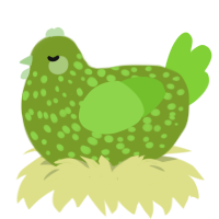 A chartreuse and grass chicken with a speckle pattern