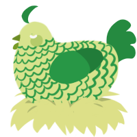 A lemon and viridian chicken with a lace pattern