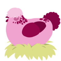 A pink and maroon chicken with a neck-speckle pattern