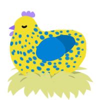 Oswald, a yellow and sapphire chicken with a speckle pattern