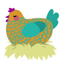A orange and turquoise chicken with a lace pattern