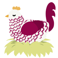 A white and maroon chicken with a lace pattern