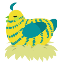 Lele, a yellow and teal chicken with a bar pattern