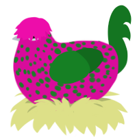 dragonfruit jr, a fuchsia and leaf chicken with a speckle pattern