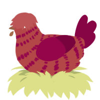A red and maroon chicken with a bar pattern