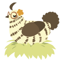A cream and bark chicken with a bar pattern