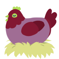 A blurple and maroon chicken with a head pattern