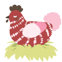 A red and rose chicken with a bar pattern