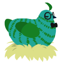 Relish, a turquoise and leaf chicken with a bar pattern