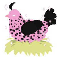 A pink and black chicken with a speckle pattern