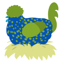 A ultramarine and chartreuse chicken with a speckle pattern