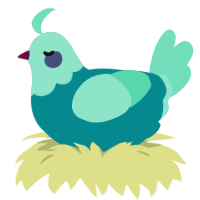 A teal and mint chicken with a head pattern