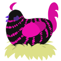 A black and fuchsia chicken with a bar pattern
