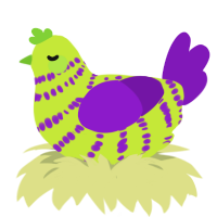 A lime and violet chicken with a bar pattern