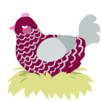 A maroon and silver chicken with a lace pattern