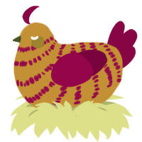 A gold and maroon chicken with a bar pattern