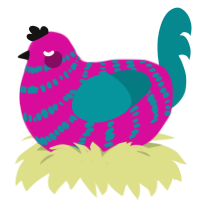 Yvan, a fuchsia and teal chicken with a bar pattern