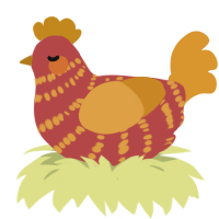 A red and orange chicken with a bar pattern