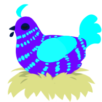 Eyestain, a blurple and aqua chicken with a bar pattern