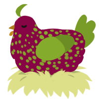 A maroon and chartreuse chicken with a speckle pattern