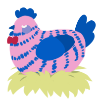 A pink and ultramarine chicken with a bar pattern