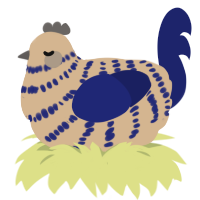 A beige and navy chicken with a bar pattern