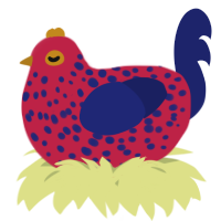 A crimson and navy chicken with a speckle pattern