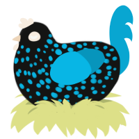 A black and cerulean chicken with a speckle pattern