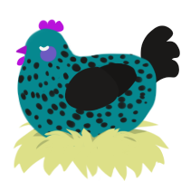 Fleck, a teal and sable chicken with a speckle pattern