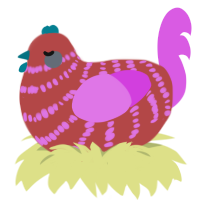 A red and orchid chicken with a bar pattern