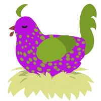 A amethyst and chartreuse chicken with a speckle pattern
