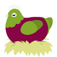 A maroon and chartreuse chicken with a head pattern